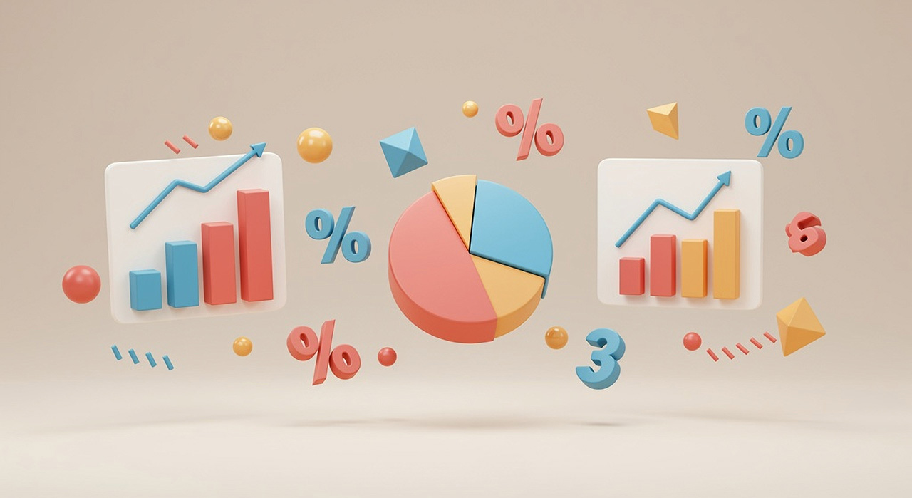 Bildungsillustration zum Thema Statistik. Dargestellt sind schwebende, glänzende 3D-Elemente wie Balkendiagramme, Kreisdiagramme und Liniendiagramme, ergänzt durch farbenfrohe geometrische Formen
